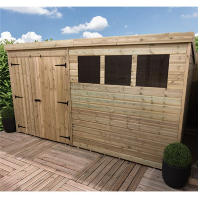 12 x 4 Garden Shed Pressure Treated T&G PENT Wooden Garden Shed - 3 Windows + Double Doors (12' x 4' / 12ft x 4ft) (12x4)