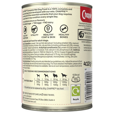 12 x 412g Chappie Adult Wet Dog Food Tin Original Dog Can