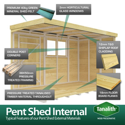 12 x 5 Feet Pent Shed - Single Door With Windows - Wood - L147 x W358 x H201 cm - 6