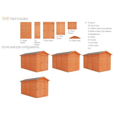 12 x 6 (3.53m x 1.75m) Windowless Wooden Tongue and Groove APEX Shed + Double Doors (12mm T&G Floor and Roof) (12ft x 6ft) (12x6)