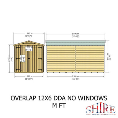 12 x 6 Feet Overlap Dip Treated Apex Shed Double Door No windows - 9