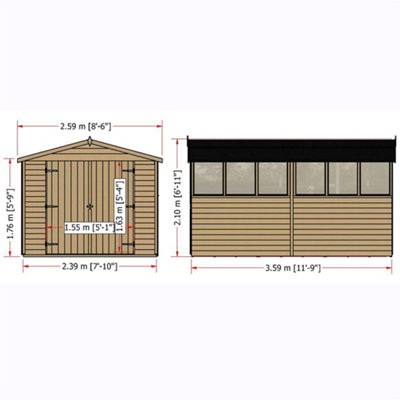 12 x 8 (3.59m x 2.39m) - Windowless Dip Treated Overlap - Apex Garden Shed - Double Doors - 8
