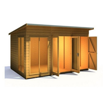 12 x 8 (3.65m x 2.46m) - Pent Wooden Summerhouse - Double Doors + Side Windows - Side Shed - 12mm T&G Walls - Floor - Roof