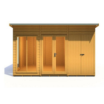 12 x 8 (3.65m x 2.46m) - Pent Wooden Summerhouse - Double Doors + Side Windows - Side Shed - 12mm T&G Walls - Floor - Roof - 3