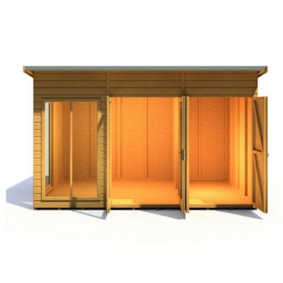 12 x 8 (3.65m x 2.46m) - Pent Wooden Summerhouse - Double Doors + Side Windows - Side Shed - 12mm T&G Walls - Floor - Roof - 4