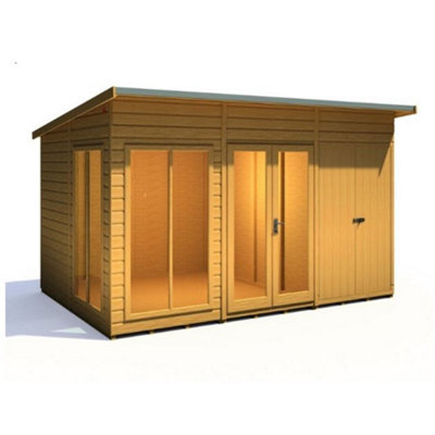 12 x 8 (3.65m x 2.46m) - Pent Wooden Summerhouse With Side Shed - Double Doors + Side Windows - 12mm T&G Walls - Floor - Roof