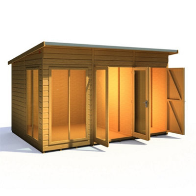 12 x 8 (3.65m x 2.46m) - Pent Wooden Summerhouse With Side Shed - Double Doors + Side Windows - 12mm T&G Walls - Floor - Roof