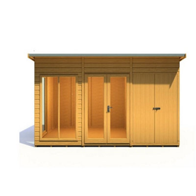12 x 8 (3.65m x 2.46m) - Pent Wooden Summerhouse With Side Shed - Double Doors + Side Windows - 12mm T&G Walls - Floor - Roof - 3