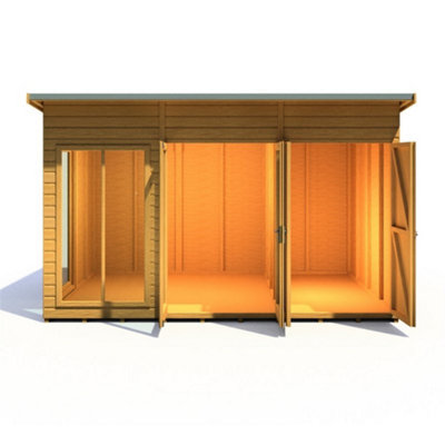 12 x 8 (3.65m x 2.46m) - Pent Wooden Summerhouse With Side Shed - Double Doors + Side Windows - 12mm T&G Walls - Floor - Roof