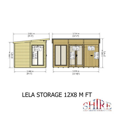 12 x 8 (3.65m x 2.46m) - Pent Wooden Summerhouse With Side Shed - Double Doors + Side Windows - 12mm T&G Walls - Floor - Roof - 8