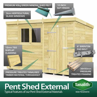 12 x 8 Feet Pent Summer Shed - Wood - L231 x W358 x H201 cm - 4
