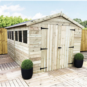12 x 8 Premier Pressure Treated Tongue & Groove Apex Wooden Garden Shed + 6 Windows + Double Doors (12' x 8' / 12ft x 8ft) (12x8)