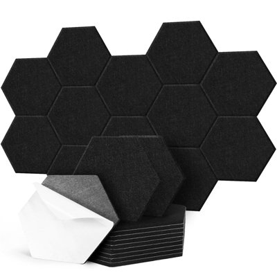 12 x Black Hexagon Self Adhesive Acoustic Wall Panels Sound Proofing ...