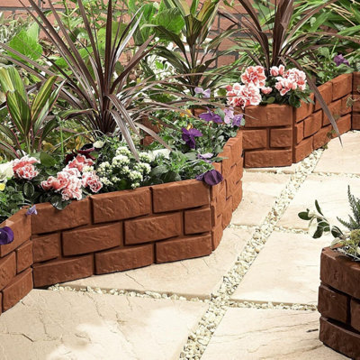12 x Brick Effect Garden Border Edging Strips - Terracotta Weatherproof Interlocking Fence or Planter Panels - Each H17.5 x L43cm