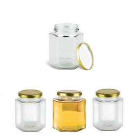 12 x Clear Hexagonal 7oz (190.0 Millilitres) Airtight Glass Jam Jars With Gold Twist Top Lids For Jams, Honey & Sweets