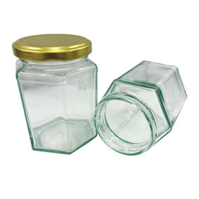 12 x Clear Hexagonal 9oz (280.0 Millilitres) Airtight Glass Jam Jars With Gold Twist Top Lids For Jams, Honey & Sweets