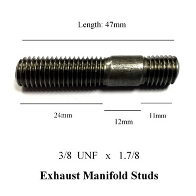12 x Exhaust Inlet Manifold Studs 3/8 UNF x 1.7/8. Length: 47mm - 24mm x 12mm x 11mm