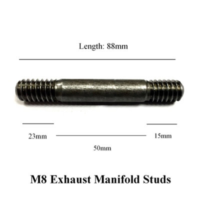 12 x Exhaust Inlet Manifold Studs M8 x 1.25mm Pitch. Length: 88mm / 23mm - 50mm - 15mm