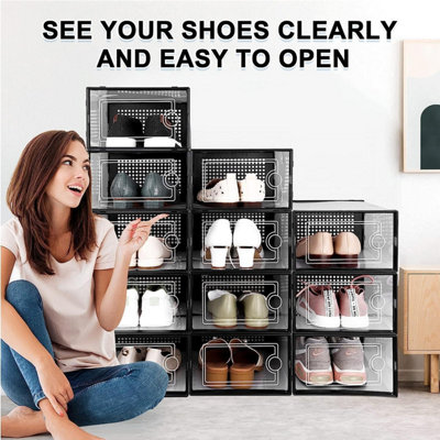 12 X Shoe Storage Boxes - Clear Transparent Shoe Organizer - For Effortless Stacking - With Rear Ventilation Holes - Easy Assembly - 5