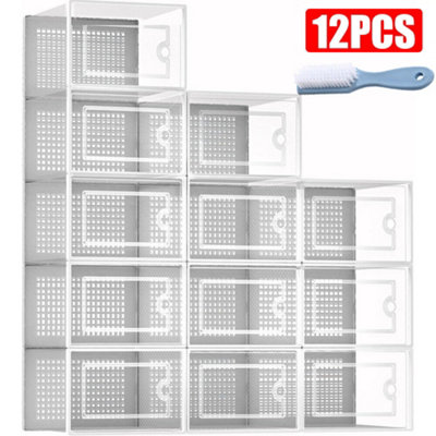 12 x Stackable Foldable Boxes Trainers Organiser Clear Plastic Shoe ...