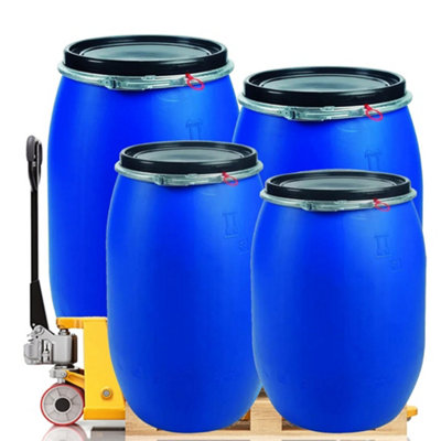 120 Litre Large Plastic Blue Open Top Storage Shipping Barrel Drum Keg with Lid & Latch Ring - 3