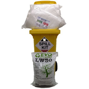 120 Litre Oil and Fuel Spill Kit with in Wheeled Bin with LW30 Granules - for garage, workshop, warehouse and storage areas.
