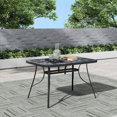 120 x 80cm Outdoor Garden Marble Texture Coffee Table with Tempered Glass Top and Parasol Hole, Black