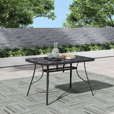 120 x 80cm Rectangular Outdoor Marble Coffee Table with Tempered Glass Top and 5.1cm Dia Parasol Hole, Black
