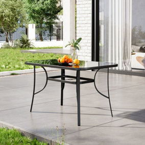 120 x 80cm Wrought Iron Style Garden Table with Tempered Glass Top and Parasol Hole, Black