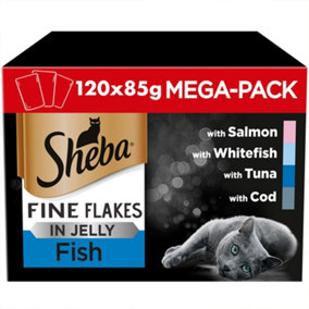 120 x 85g Sheba Fine Flakes Adult Wet Cat Food Pouches Mixed Fish in Jelly