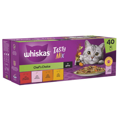 120 x 85g Whiskas 1+ Chef's Choice Mix Mixed Adult Wet Cat Food Pouches in Gravy