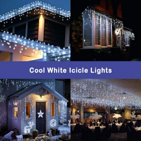 1200 Cool White ICICLE LED Lights Clear Cable with 8 Effects Multifunction Auto Memory Indoor/Outdoor Christmas