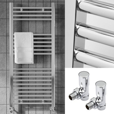 1200 x 500mm Chrome Heated Bathroom Towel Warmer Ladder Rail Radiator & Angled Radiator Valves