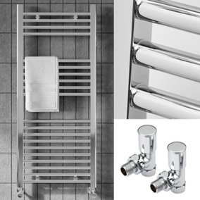 1200 x 500mm Chrome Heated Bathroom Towel Warmer Ladder Rail Radiator & Angled Radiator Valves
