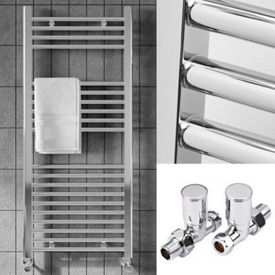 1200 x 500mm Chrome Heated Bathroom Towel Warmer Ladder Rail Radiator & Straight Radiator Valves