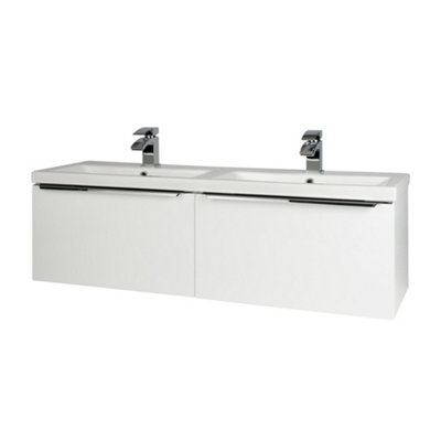 1200mm Bathroom Wall Mounted Drawer Unit and Twin Ceramic Basin Gloss White (Central) - Brassware Not Included