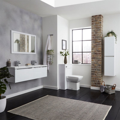 1200mm Bathroom Wall Mounted Drawer Unit and Twin Ceramic Basin Gloss White (Central) - Brassware Not Included