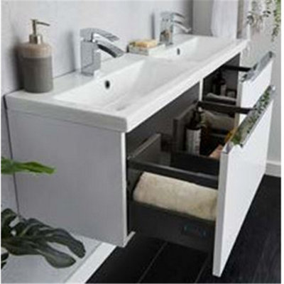 1200mm Bathroom Wall Mounted Drawer Unit and Twin Ceramic Basin Gloss White (Central) - Brassware Not Included
