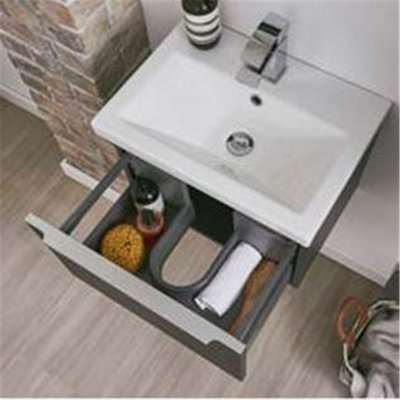 1200mm Bathroom Wall Mounted Drawer Unit and Twin Ceramic Basin - Matt Dark Grey (Central) - Brassware Not Included