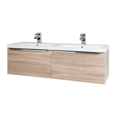 1200mm Bathroom Wall Mounted Drawer Unit and Twin Ceramic Basin Sonoma Oak (Central) - Brassware Not Included