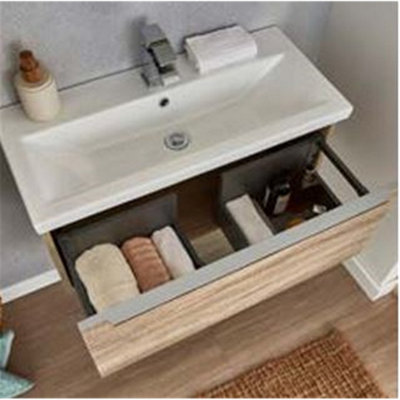 1200mm Bathroom Wall Mounted Drawer Unit and Twin Ceramic Basin Sonoma Oak (Central) - Brassware Not Included