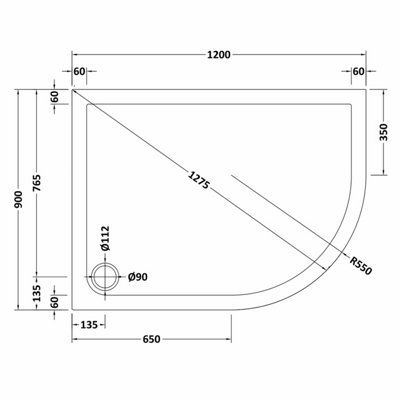 1200mm x 900mm Premium Slip Resistant Shower Tray - Right Hand Offset Quadrant - White