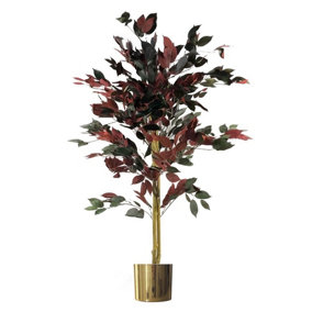 120cm (4ft) Artificial Dark Red Green Ficus Plant - Gold Planter