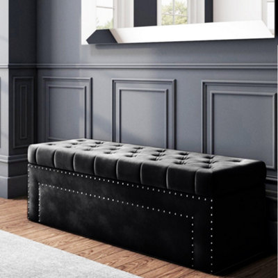 120cm Duke Ottoman Storage Box -Chesterfield Upholstered Blanket Box - Black Plush Velvet Ottoman Bench