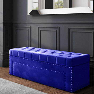 120cm Duke Ottoman Storage Box -Chesterfield Upholstered Blanket Box - Sapphire Blue Plush Velvet Ottoman Bench