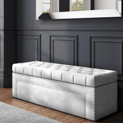 120cm Duke Ottoman Storage Box -Chesterfield Upholstered Blanket Box - Silver Plush Velvet Ottoman Bench