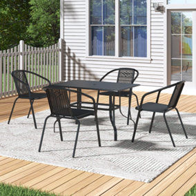 120cm L Garden Metal Slatted Coffee Table with Four Rattan Chairs Outdoor Rectangle Table in Black