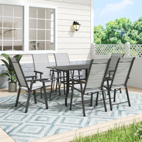 120cm L Garden Metal Slatted Coffee Table with Six Foldable Chairs Outdoor Rectangle Table in Black