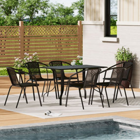 120cm L Garden Metal Slatted Coffee Table with Six Rattan Chairs Outdoor Rectangle Table in Black