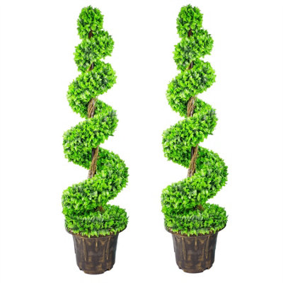 120cm Pair of Green Large Leaf Spiral Topiary Trees with Decorative Planters